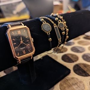 New Rectangle Quartz Watch & 4pcs/set Bracelet